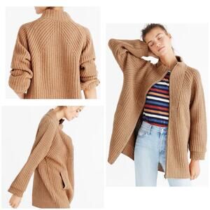 Madewell S Merino Wool Zip Front Ribbed Cardigan Sweater Warm Caramel Brown
